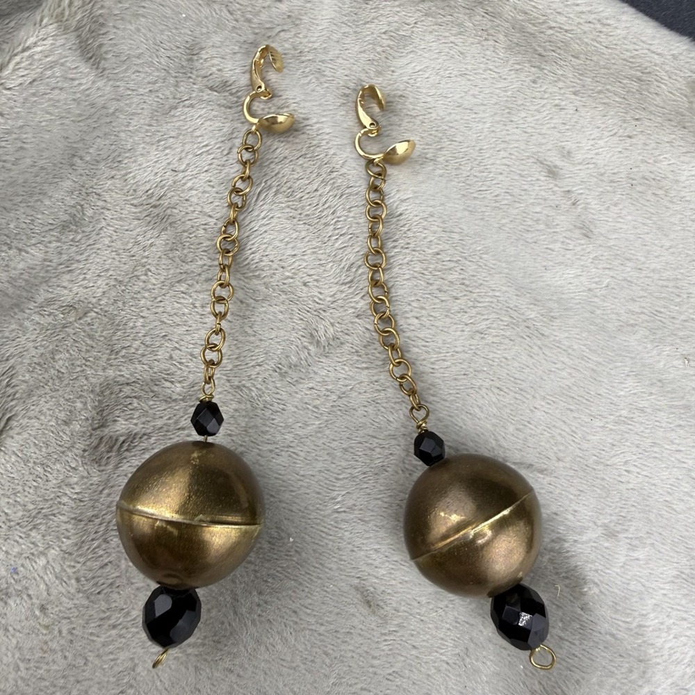 Vintage Estate Clip On Earrings Gold Black Dangle Shoulder Duster 4"